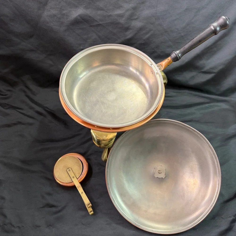 Vintage Copper Chafing Dish Set with Brass Stand and Wooden Handle